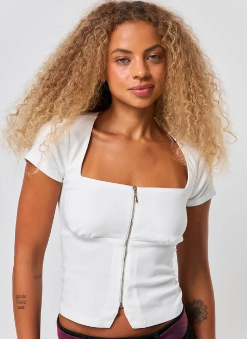 Blusa Bengaline Off‑White Zíper Frontal