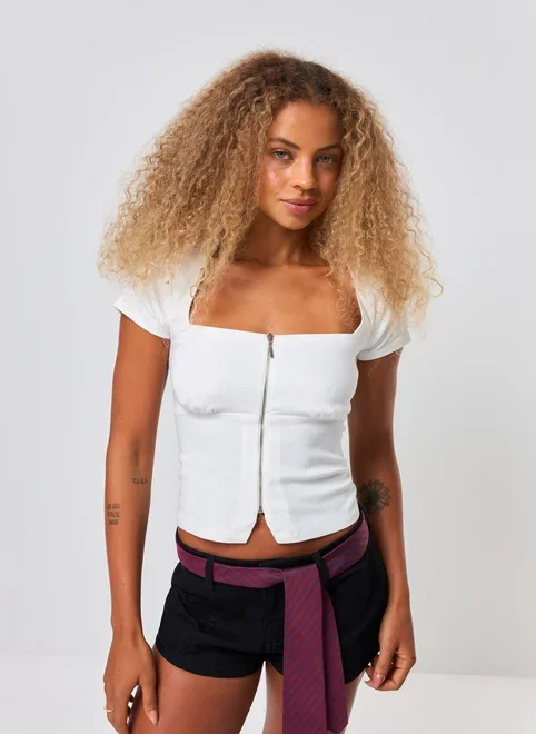 Blusa Bengaline Off‑White Zíper Frontal