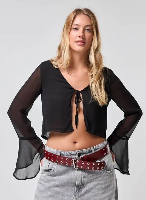 Blusa Cropped Manga Longa Chiffon