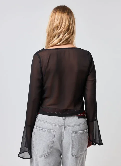 Blusa Cropped Manga Longa Chiffon