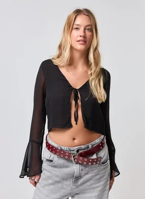 Blusa Cropped Manga Longa Chiffon