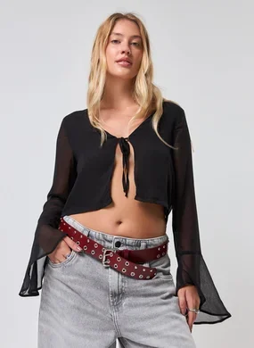 Blusa Cropped Manga Longa Chiffon