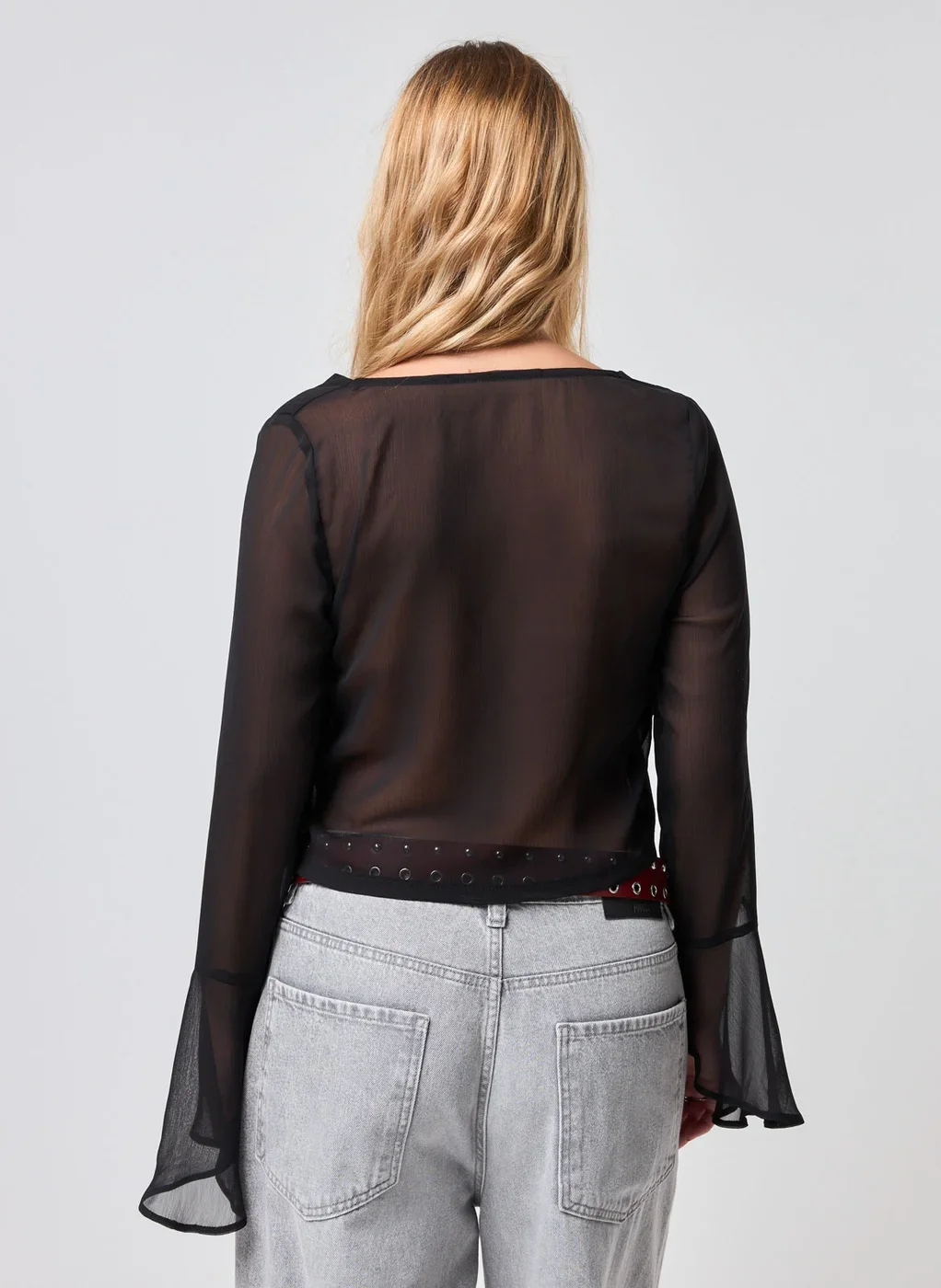 Blusa Cropped Manga Longa Chiffon