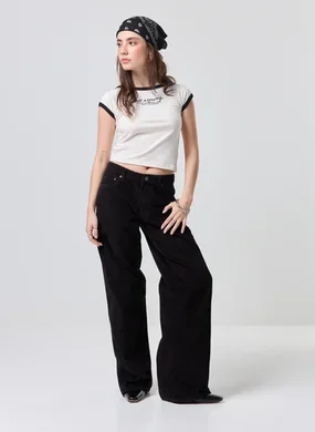 Calça Wide Leg Cintura Baixa Cotelê