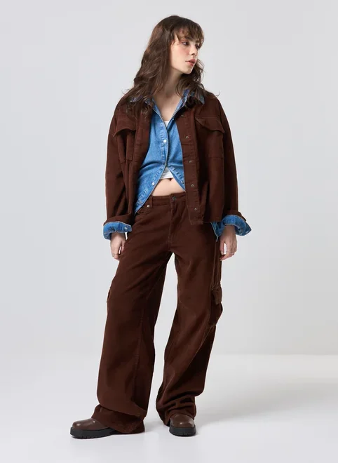 Calça Wide Leg Cargo Cotelê