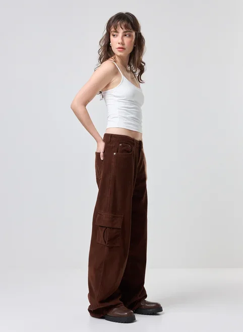 Calça Wide Leg Cargo Cotelê