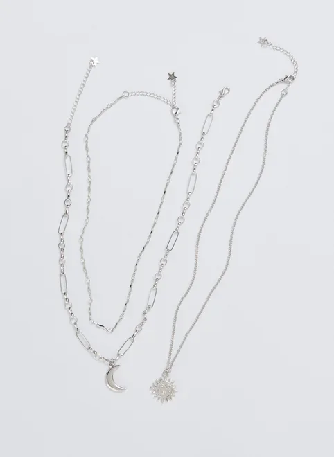 Conjunto 3 Colares Prateados Sol Lua