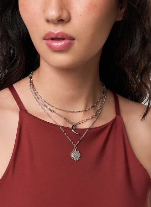 Conjunto 3 Colares Prateados Sol Lua