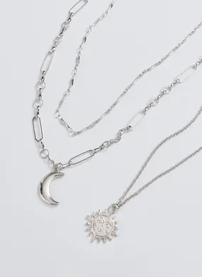 Conjunto 3 Colares Prateados Sol Lua