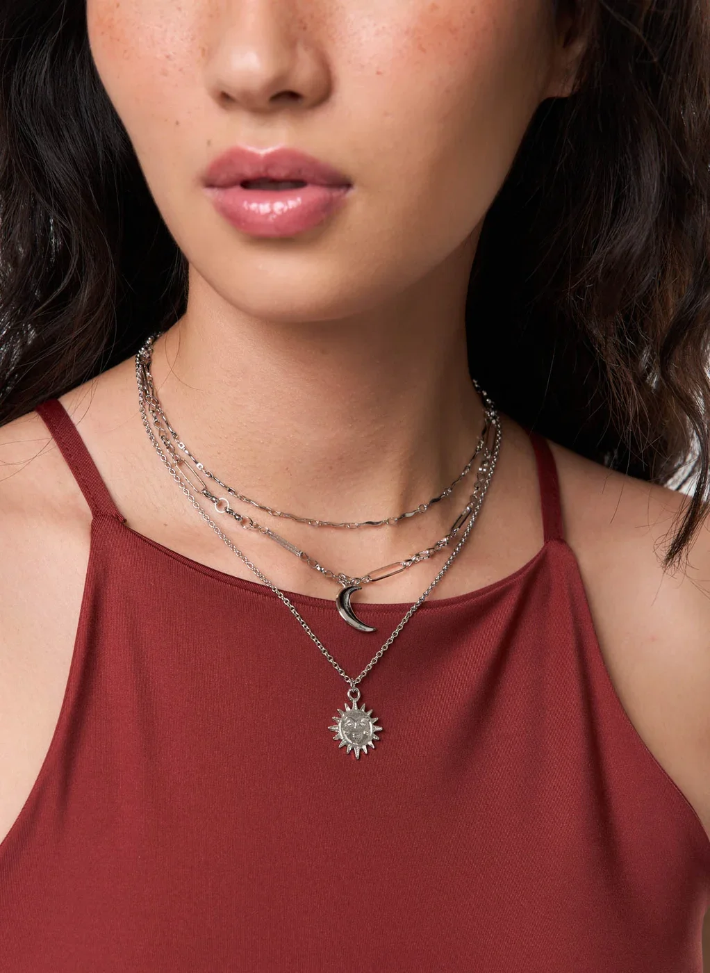 Conjunto 3 Colares Prateados Sol Lua