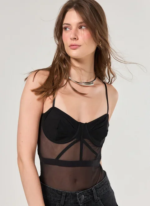 Body Preto Tule E Renda