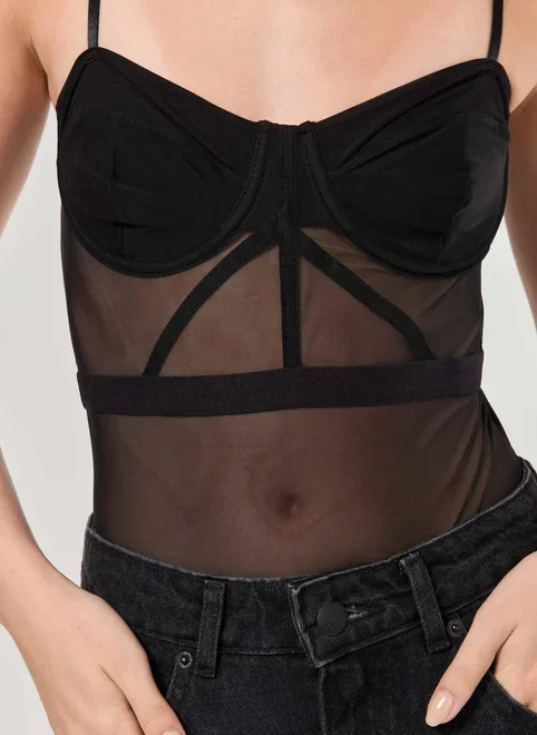 Body Preto Tule E Renda