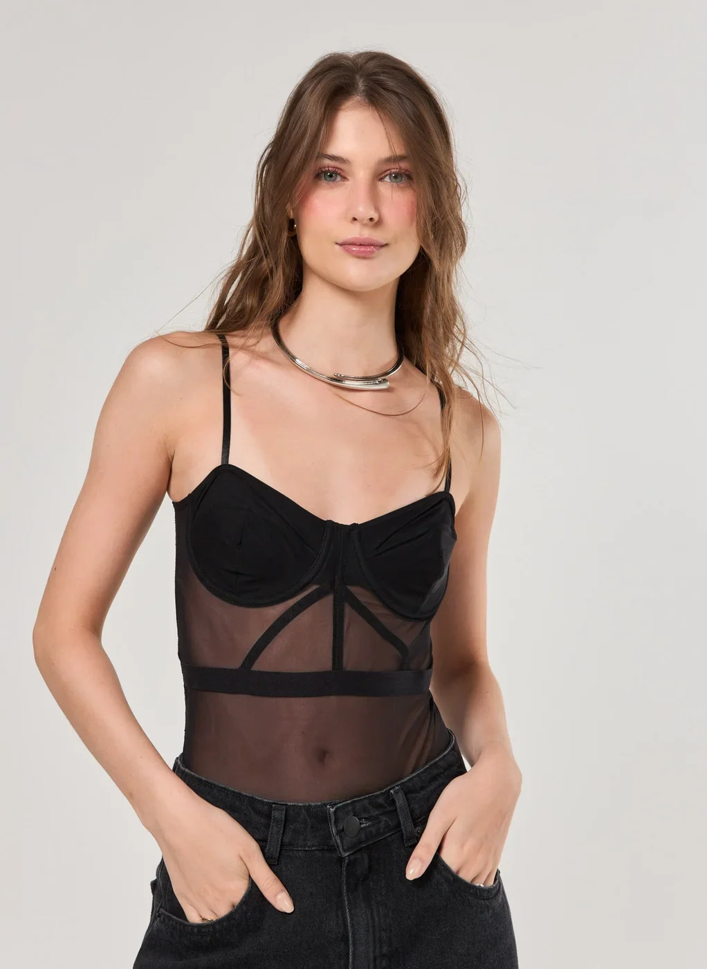 Body Preto Tule E Renda