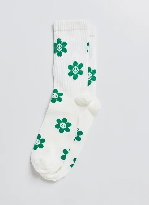 Meia Off-White Florzinhas Verdes