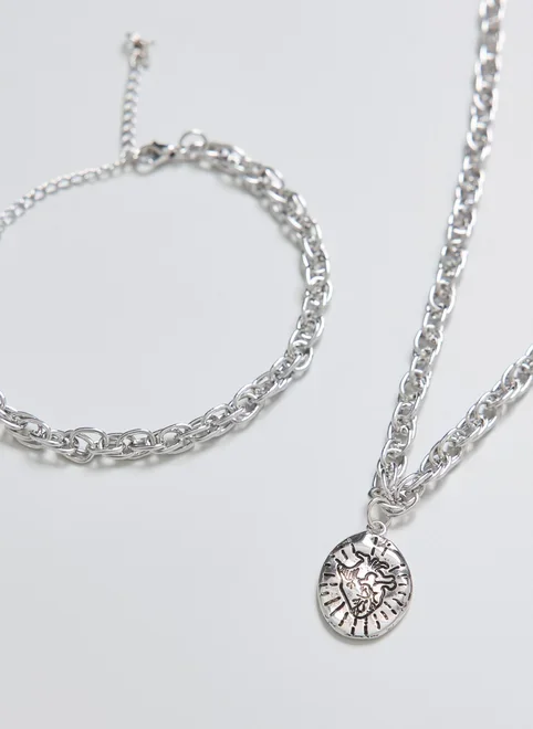 Conjunto Colar E Pulseira Prateado Coração