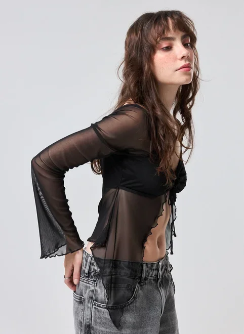 Blusa Tule Recorte Manga Longa