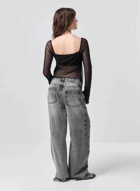 Blusa Tule Recorte Manga Longa