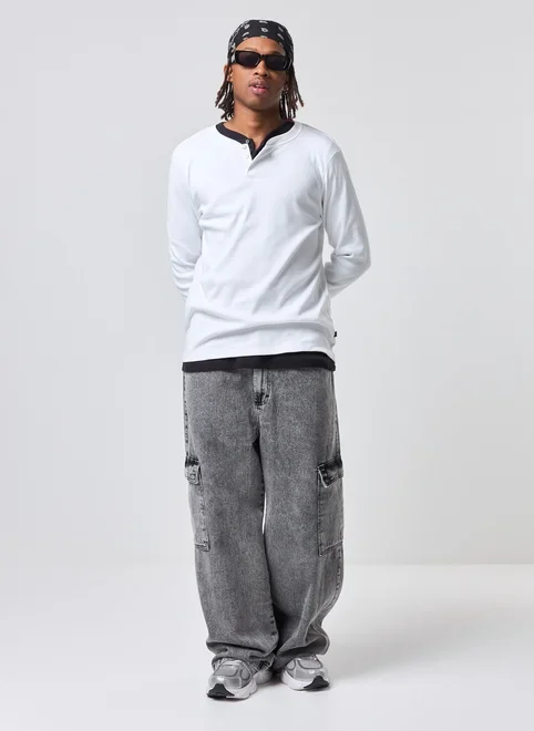 Camiseta Manga Longa Henley Slim Ribana