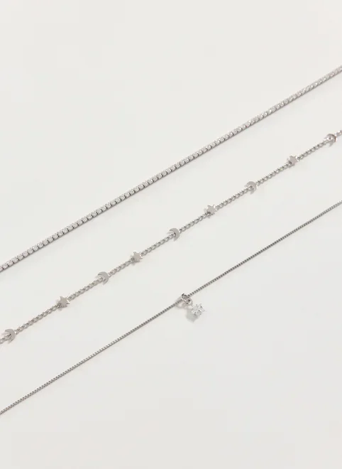 Conjunto 3 Colares Prateados Riviera Estrelas