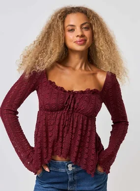 Blusa Manga Longa Textura Flores Bordô