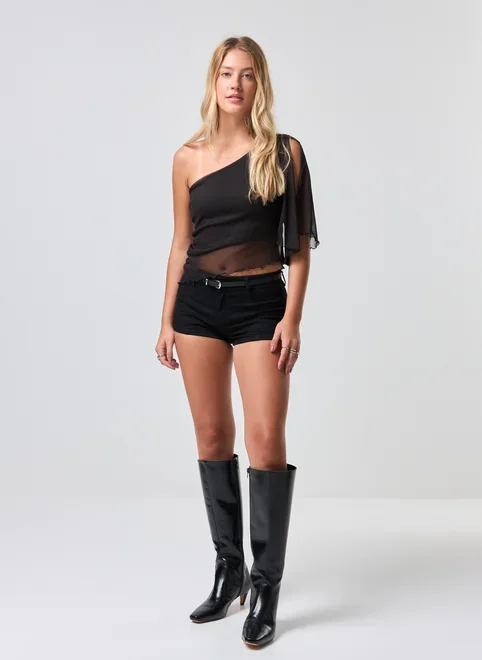 Micro Short Sarja Preta Cintura Baixa