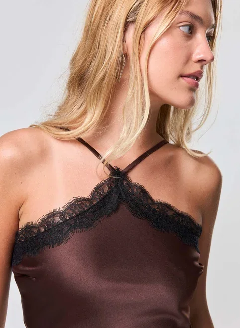 Vestido Curto Marrom Cetim E Renda