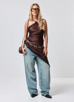 Vestido Curto Marrom Cetim E Renda