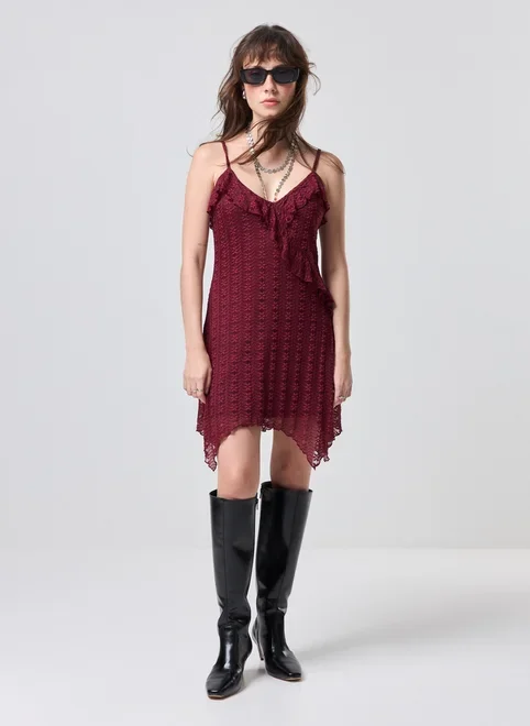 Vestido Curto Renda Vinho Pontas
