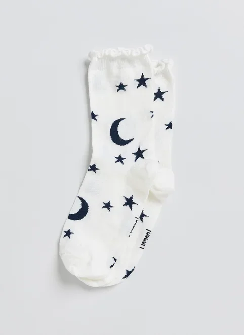 Meia Off‑White Lua E Estrelas Com Babado