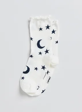 Meia Off‑White Lua E Estrelas Com Babado