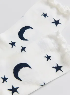 Meia Off‑White Lua E Estrelas Com Babado