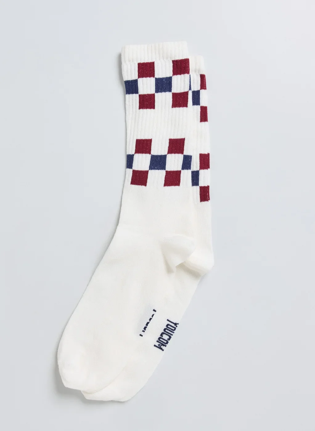 Meia Off‑White Quadriculada Azul E Bordô
