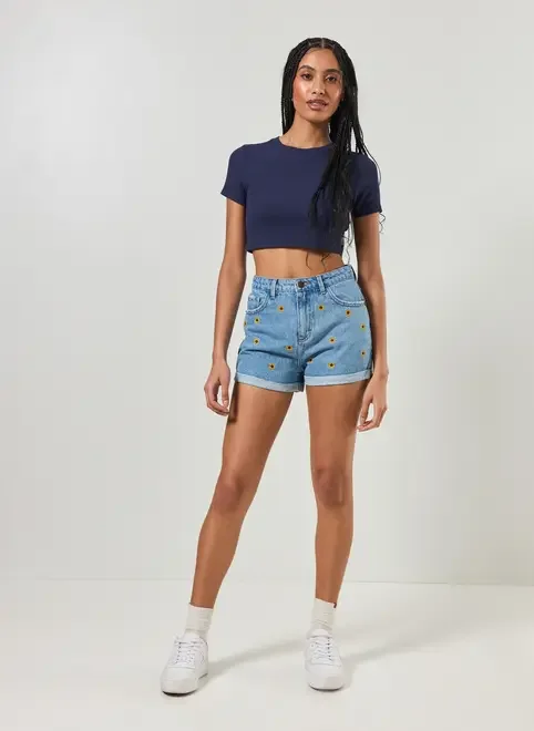 Short Jeans Bordado Girassol