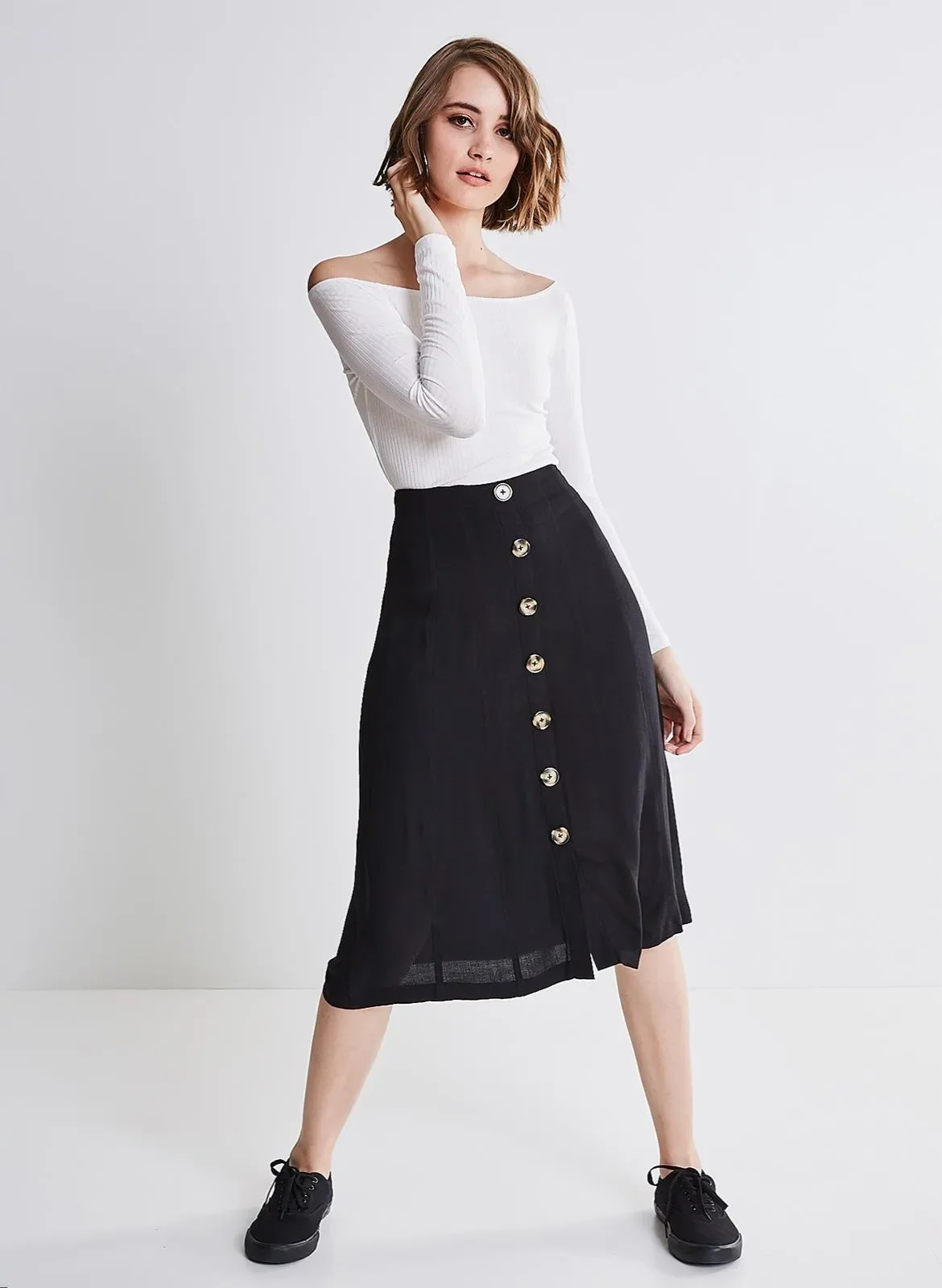 Usar Saia Midi Preta Saia Com Botao Na Frente Preta Saia Midi Com