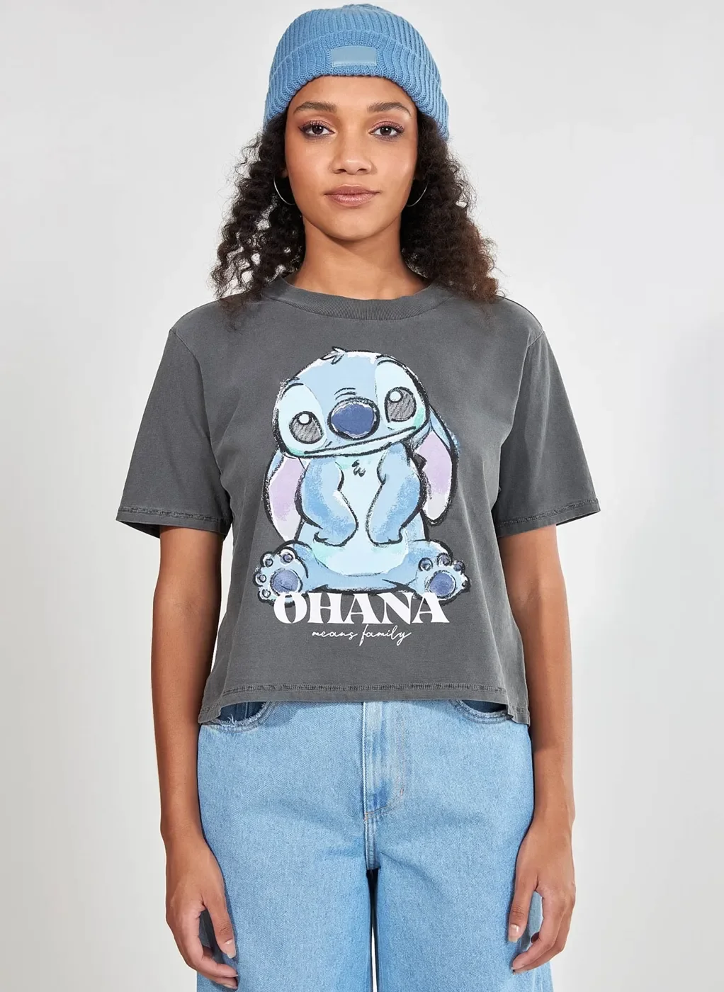 camiseta manga curta stitch ohana - preto lavado
