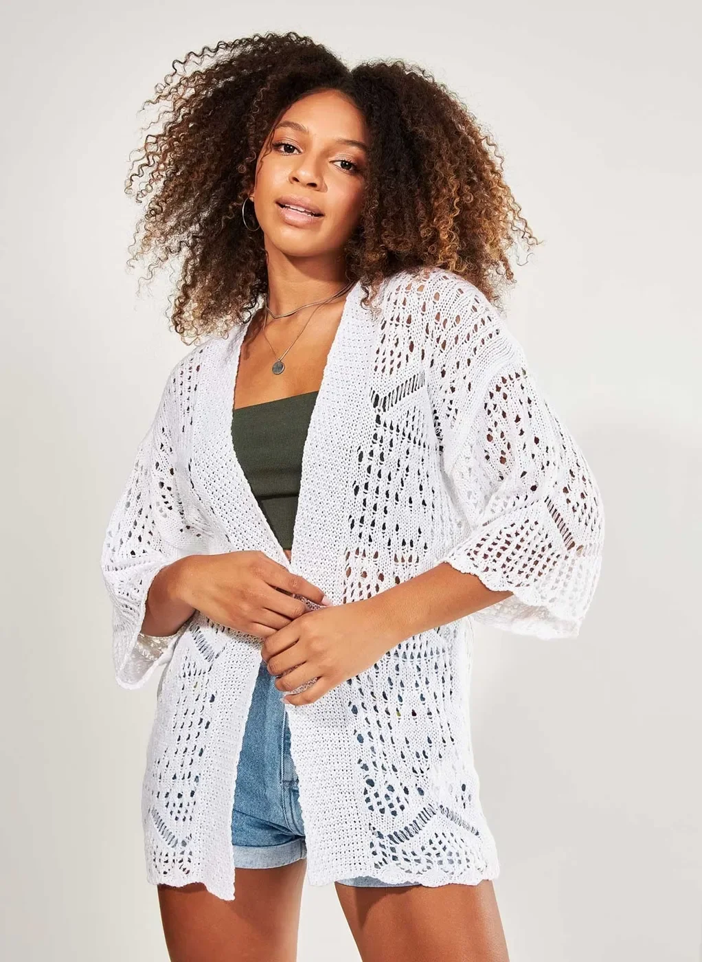 kimono de tricô com ponto aberto off-white