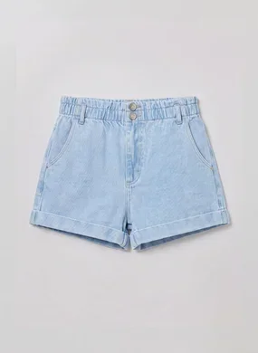 Short Jeans Com Elástico E Barra Dobrada
