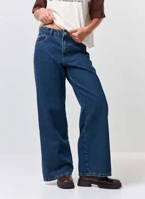 Calça Wide Leg Jeans De Cintura Baixa