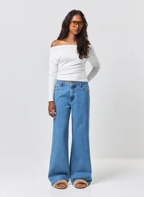 Calça Wide Leg Jeans De Cintura Baixa