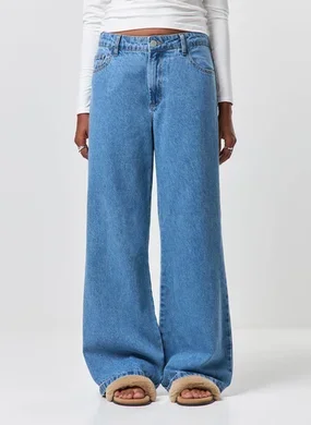 Calça Wide Leg Jeans De Cintura Baixa