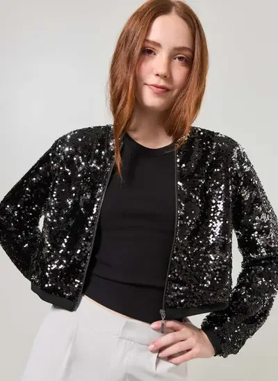 Jaqueta Feminina Bomber De Paete Preto Jaqueta Preta Bomber Paetê