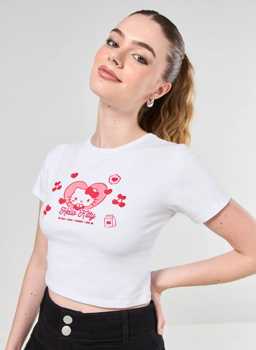 blusa mini tee hello kitty cereja branco