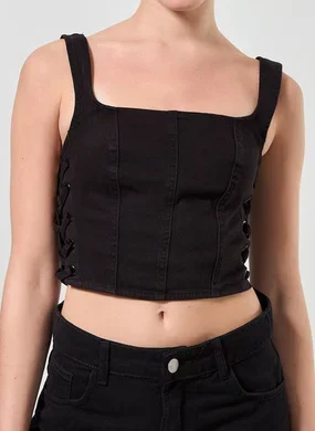 Cropped Corselet Em Sarja Preto