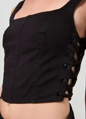 Cropped Corselet Em Sarja Preto