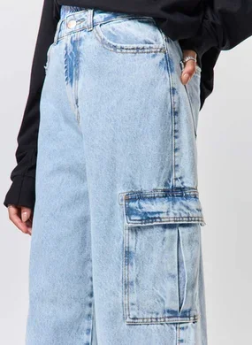 Calça Wide Leg Jeans Cargo