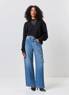Calça Wide Leg Jeans Cargo