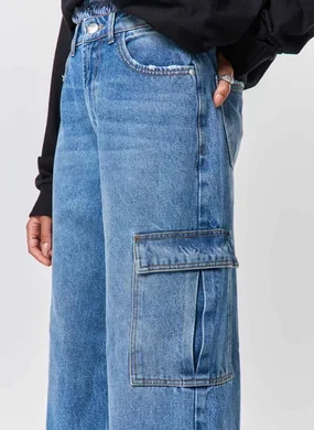 Calça Wide Leg Jeans Cargo