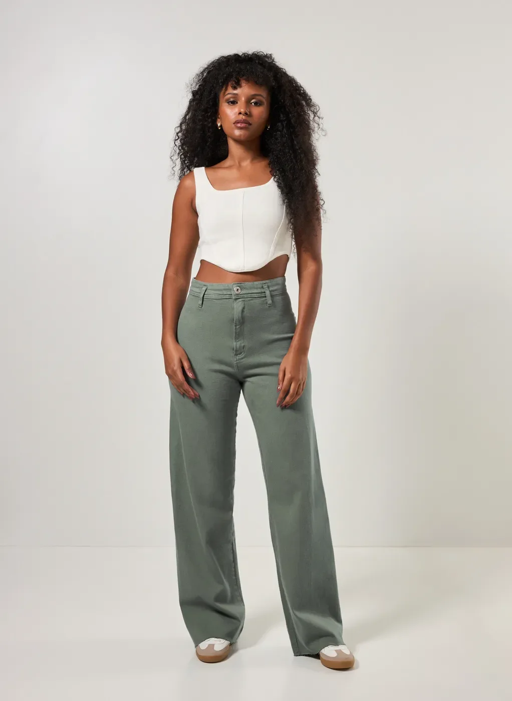 Wide Leg CalÃ§as Youcom Calça Wide Leg Em Sarja Verde Verde