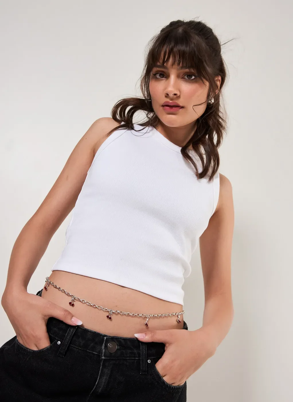 cinto belly chain cerejas - prata - unico
