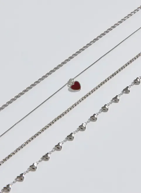 conjunto 4 colares prateados riviera coração - prata - unico